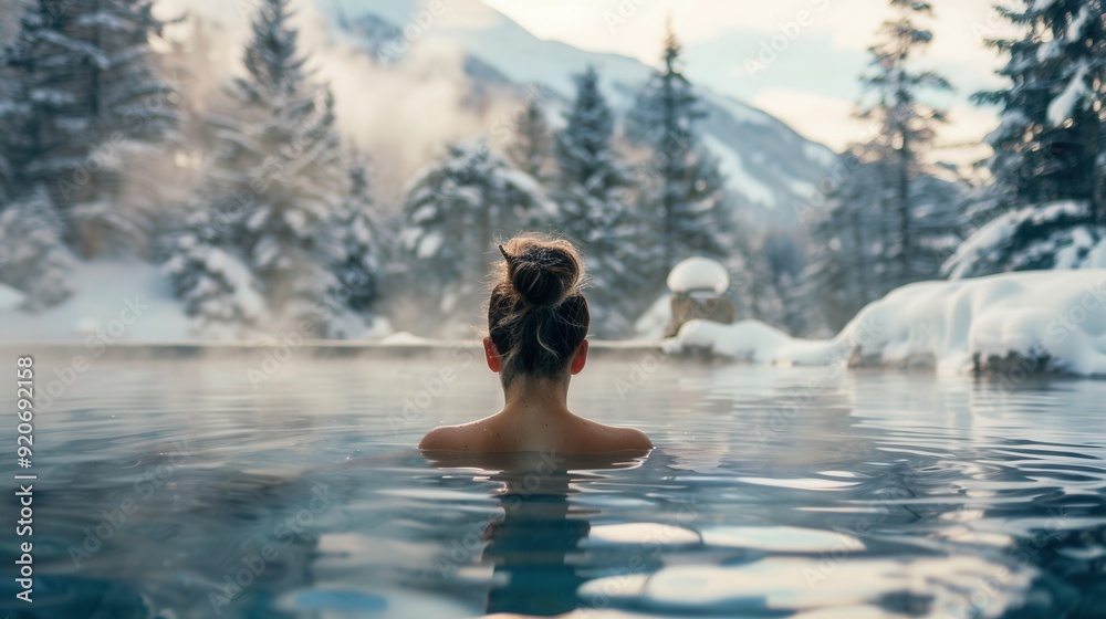 Back view of a female in spa pool with beautiful scenic view Back view of a female in spa pool with beautiful scenic view