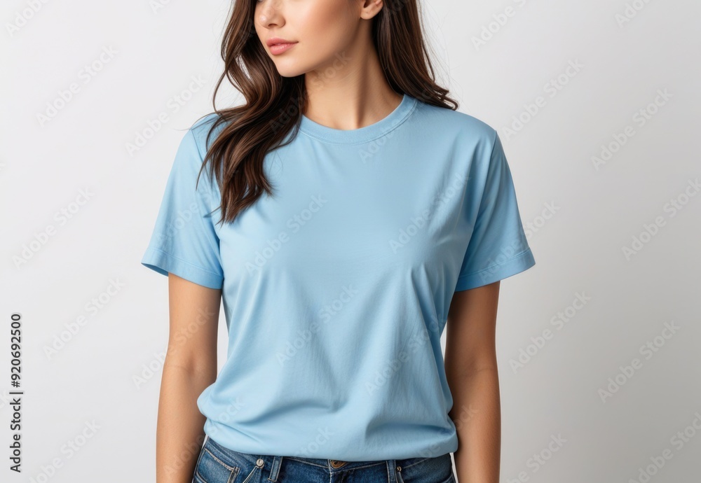 Young woman in Bella Canvas blue shirt mockup, white background. T-shirt design template presentation