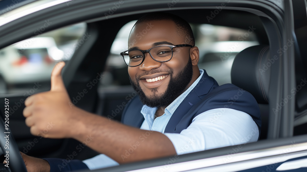 Smiling man in suit gives thumbs up in new car. .. Smiling man in suit gives thumbs up in new car. ..