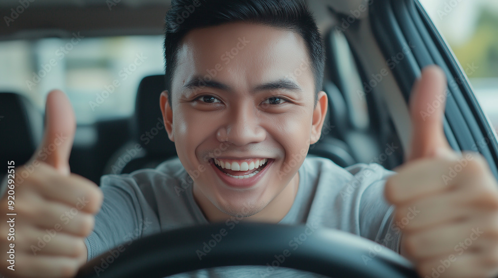 Smiling man gives thumbs up in car, happy driving. ..