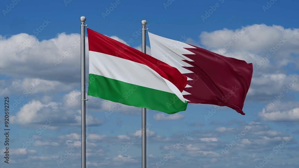 Qatar and Hungary flags flying together, video concept of the relationship, two country cooperation concept Qatar and Hungary flags flying together, video concept of the relationship, two country cooperation concept