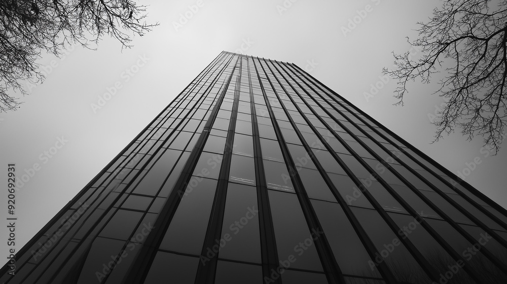 Black and white photo of a skyscraper reaching towards the sky. .. Black and white photo of a skyscraper reaching towards the sky. ..