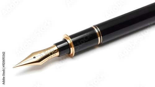 Elegant black fountain pen with golden nib on white background.