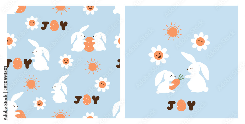 Easter seamless pattern with bunny rabbit cartoons, daisy flower, hand written fonts, sun and carrot on blue background vector. Easter seamless pattern with bunny rabbit cartoons, daisy flower, hand written fonts, sun and carrot on blue background vector.