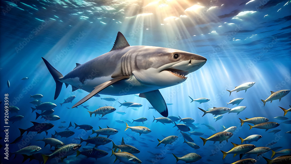Obraz premium a hungry great white shark patrolling the clear