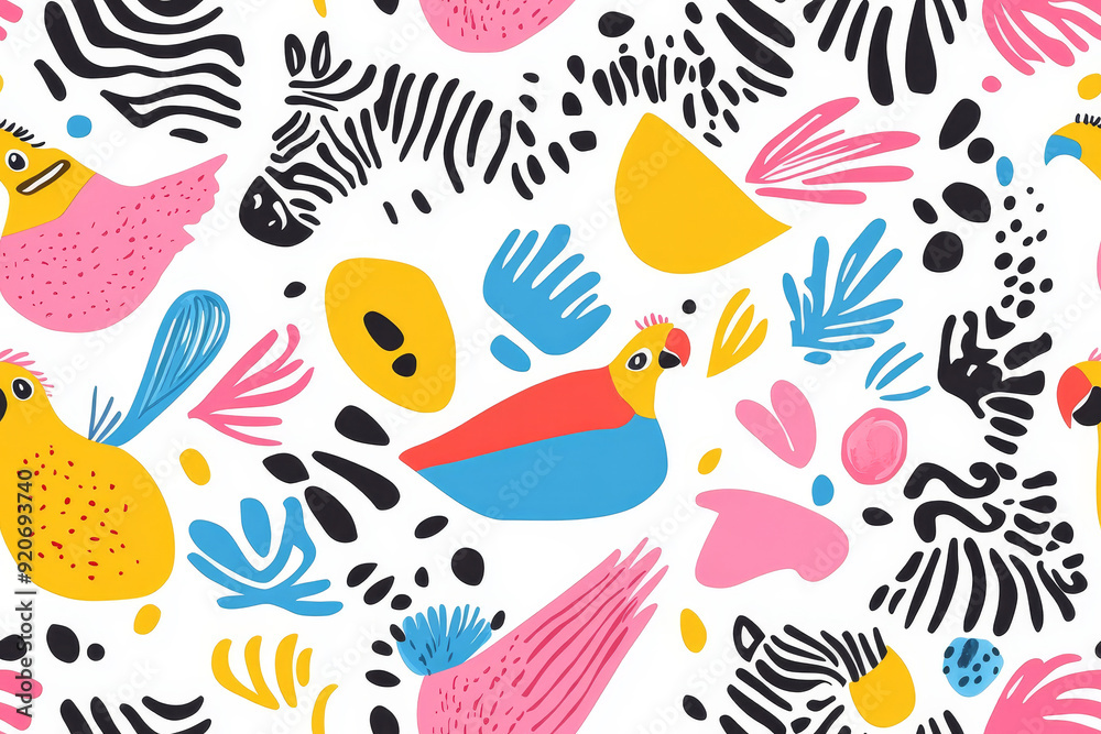 Obraz premium Colorful exotic abstract pattern with parrots and zebras