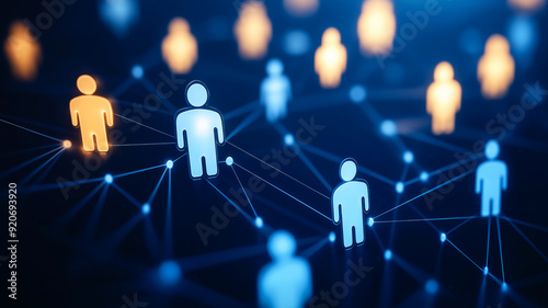 Blue and golden glowing silhouette of employees connected with lines on dark blue background.