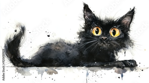 Watercolor painting of a witchs cat with a mischievous grin, playful and dark, isolated on white background photo