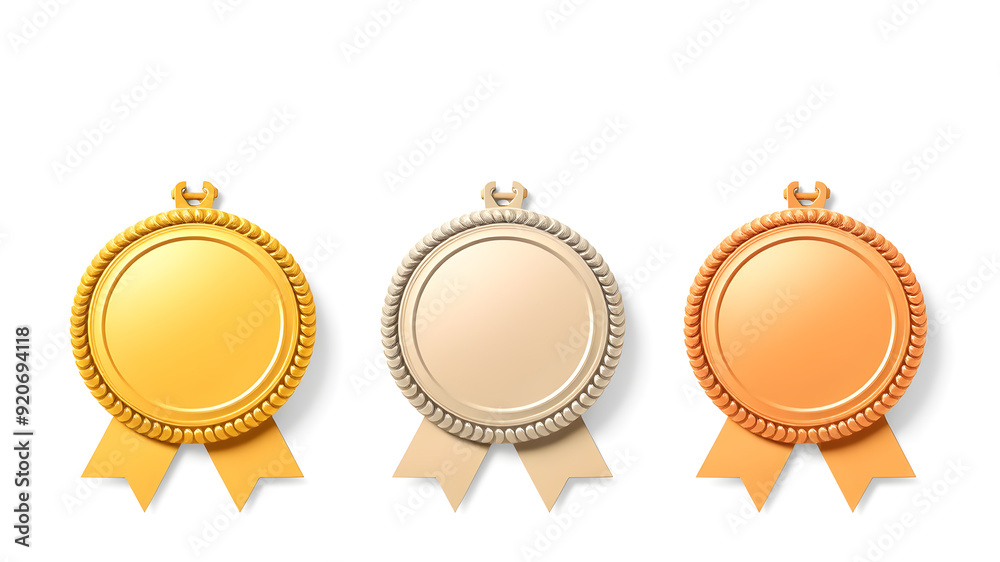 Award golden, silver and bronze blank medals 3d vector realistic illustration. First, second and third place medals or buttons isolated on white background. Quality blank, empty badge, Generative AI Award golden, silver and bronze blank medals 3d vector realistic illustration. First, second and third place medals or buttons isolated on white background. Quality blank, empty badge, Generative AI