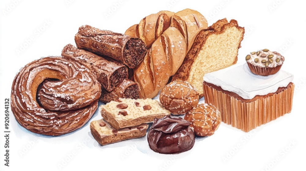 Watercolor of Oktoberfest baked goods, fresh and inviting, isolated on white background Watercolor of Oktoberfest baked goods, fresh and inviting, isolated on white background