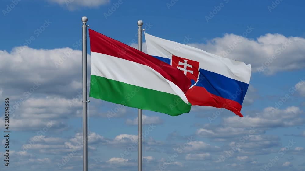 Slovak Republic or Slovakia and Hungary flags flying together, video concept of the relationship, two country cooperation concept Slovak Republic or Slovakia and Hungary flags flying together, video concept of the relationship, two country cooperation concept