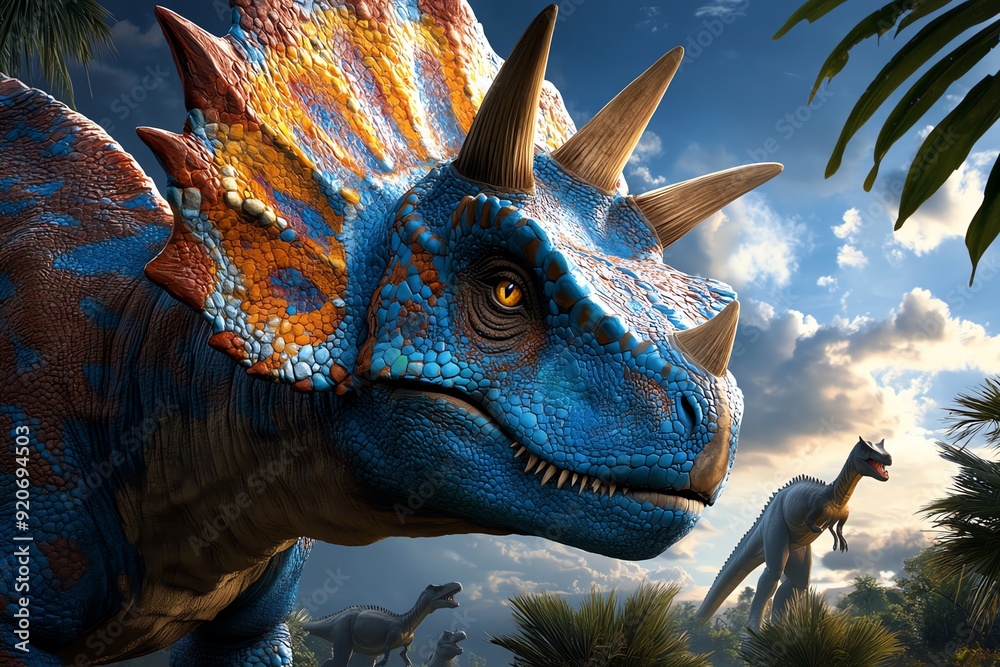 Obraz premium Vibrant, colorful dinosaur scene in prehistoric jungle with horned dinosaur in focus, surrounded by other dinosaurs, set against dramatic sky.