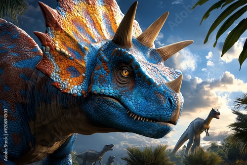 Fototapeta Naklejka Na Ścianę i Meble -  Vibrant, colorful dinosaur scene in prehistoric jungle with horned dinosaur in focus, surrounded by other dinosaurs, set against dramatic sky.