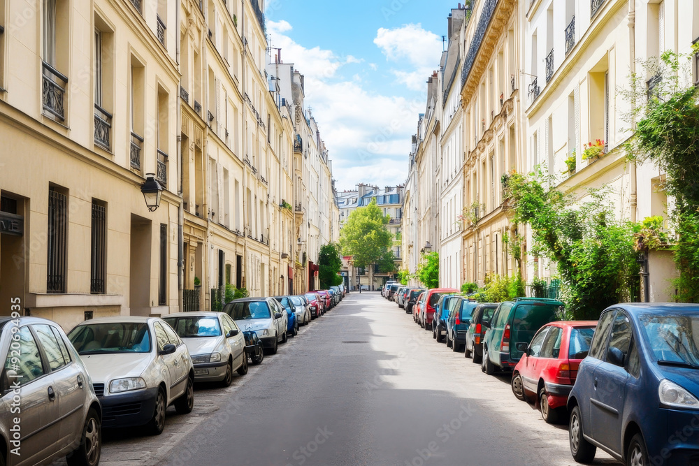 Charming street view in Paris with parked cars and beautiful architecture Charming street view in Paris with parked cars and beautiful architecture