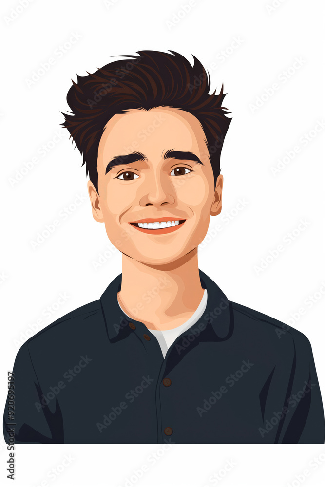Flat illustration portrait of young man with brown hair looking at camera and smiling isolated on white backdrop. Flat illustration portrait of young man with brown hair looking at camera and smiling isolated on white backdrop.