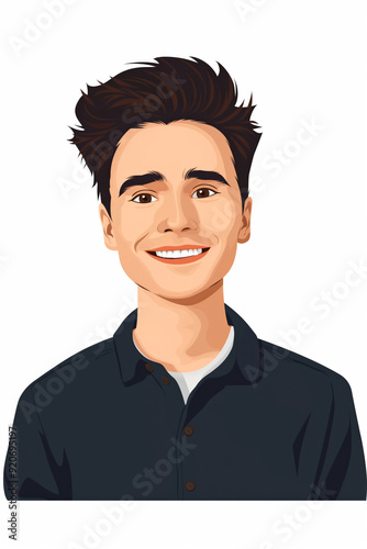 Flat illustration portrait of young man with brown hair looking at camera and smiling isolated on white backdrop.