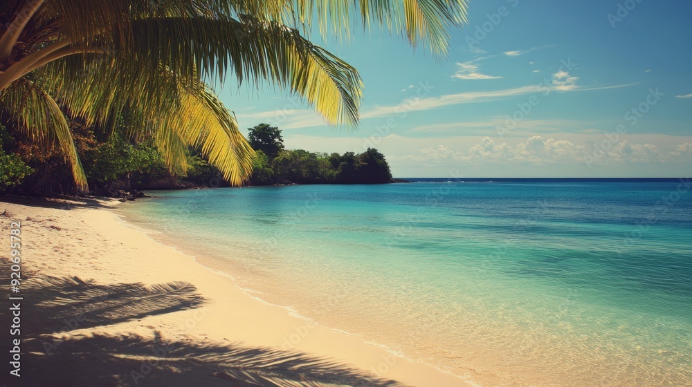 Naklejka premium Turquoise sea and palm-fringed beach in Jamaica. Tropical paradise under the sun.