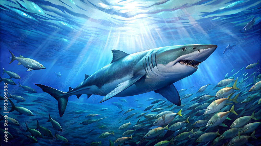 Fototapeta premium a hungry great white shark patrolling the clear