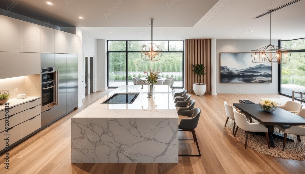 Fototapeta premium Modern kitchen with marble island and wood floors.