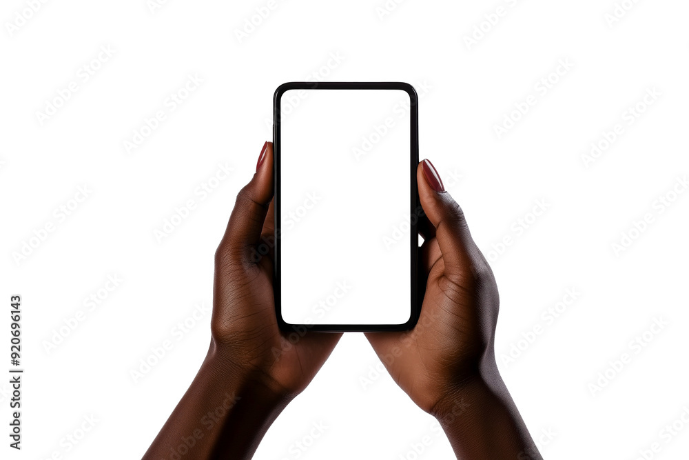 Isolated hands of black male person hold smartphone with blank screen. Isolated hands of black male person hold smartphone with blank screen.