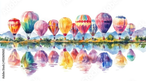 Watercolor of balloons reflecting in a calm lake at Albuquerque, serene and colorful, isolated on white background