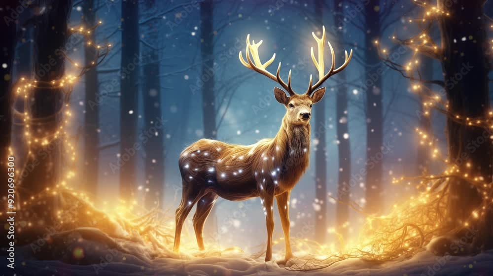 A stunning deer is surrounded by glowing lights in a tranquil winter forest, creating a magical and serene atmosphere during twilight, christmas mood A stunning deer is surrounded by glowing lights in a tranquil winter forest, creating a magical and serene atmosphere during twilight, christmas mood