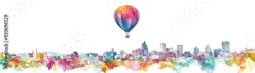 Watercolor depiction of a hot air balloon flying over Albuquerque s cityscape, urban and scenic, isolated on white background