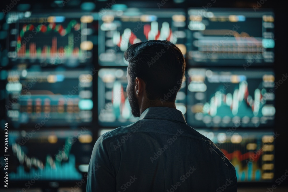 Businessman analyzing stock market data on multiple screens. Dark and focused style for professional use. Suitable for financial analysis, investment, and business planning purposes. Generative AI Businessman analyzing stock market data on multiple screens. Dark and focused style for professional use. Suitable for financial analysis, investment, and business planning purposes. Generative AI