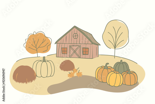 Digital illustration of an autumn farmyard with barn, trees, pumpkins, and hay bales