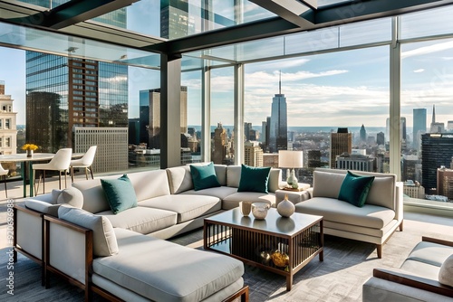 Elegant glass-walled rooftop lounge with chic furniture, modern art, and a stunning skyline view