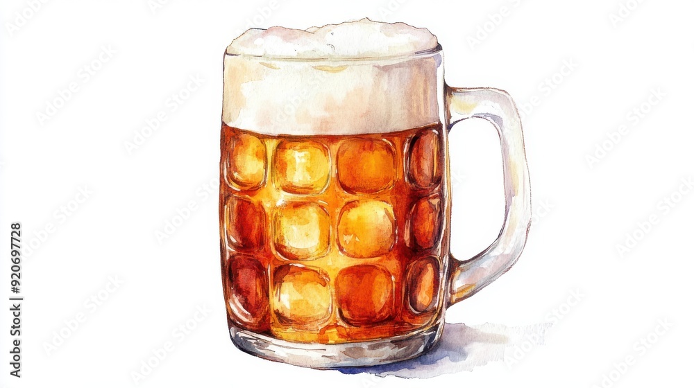 A watercolor stein of beer with frothy top, golden tones, isolated on white background A watercolor stein of beer with frothy top, golden tones, isolated on white background
