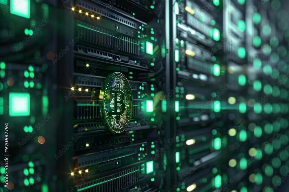 Close-up of bitcoin mining hardware in a futuristic server room. Conceptual digital style for blockchain technology and cryptocurrency. Designed for tech and finance content. Generative AI Close-up of bitcoin mining hardware in a futuristic server room. Conceptual digital style for blockchain technology and cryptocurrency. Designed for tech and finance content. Generative AI