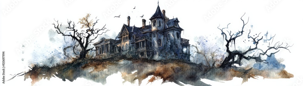 A watercolor illustration of a haunted mansion on a hill, eerie and atmospheric, isolated on white background A watercolor illustration of a haunted mansion on a hill, eerie and atmospheric, isolated on white background