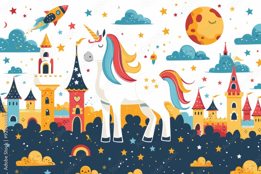 A child's imagination, filled with playful elements: unicorns, rockets, castles, and magical creatures. Generative AI