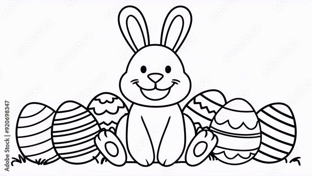 Coloring page to print. Easter, rabbit with a basket of eggs Coloring page to print. Easter, rabbit with a basket of eggs