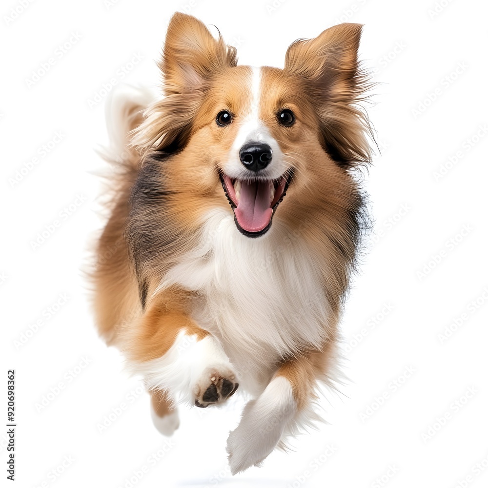 Happy Shetland Sheepdog Running Joyfully on a white background. Happy Shetland Sheepdog Running Joyfully on a white background.