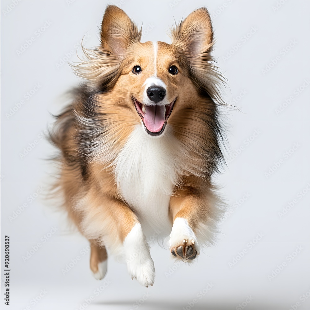 Fototapeta premium Happy Shetland Sheepdog Running Joyfully on a white background.