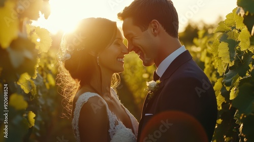 A joyful couple finally married in a vineyard after years of love since university