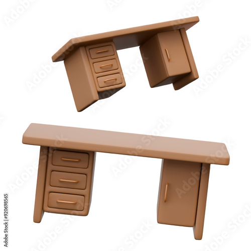 Realistic desk with drawers and door. Vector model in different positions
