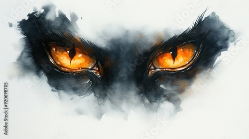 Watercolor of a pair of glowing orange eyes in the darkness, mysterious and spooky, isolated on white background