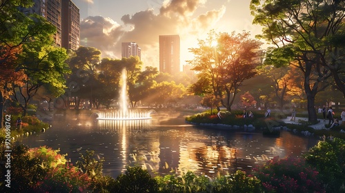 A digital artwork of a green park within a bustling city, with people enjoying nature, a water fountain, and skyscrapers surrounding the area, sunset with vibrant colors, detailed and serene,
