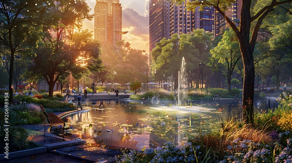 Naklejka premium A digital artwork of a green park within a bustling city, with people enjoying nature, a water fountain, and skyscrapers surrounding the area, sunset with vibrant colors, detailed and serene,