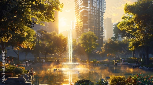 A digital artwork of a green park within a bustling city, with people enjoying nature, a water fountain, and skyscrapers surrounding the area, sunset with vibrant colors, detailed and serene,