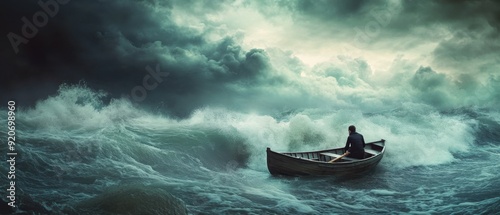 A determined person pushing through a stormy sea in a small boat finally reaching a calm and beautiful shore showing hard-earned success