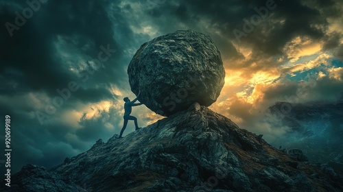 A person lifting a heavy boulder up a hill under dark skies finally reaching the top as light breaks through highlighting the effort was worth it