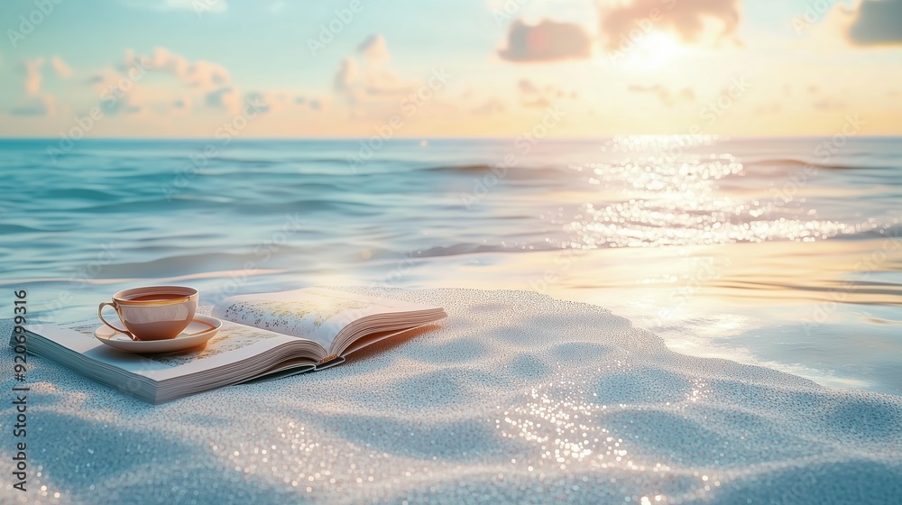 Obraz premium A book and coffee cup on sandy beach by the ocean at sunrise
