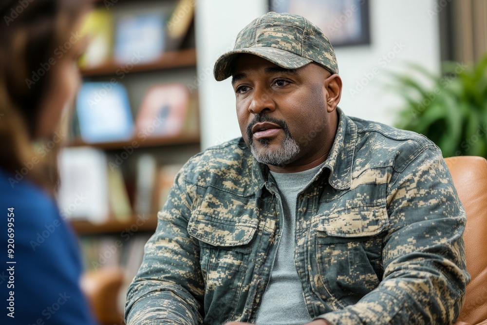 Mid adult veteran shares his story with attenders of group therapy at mental healthcare center, Generative AI Mid adult veteran shares his story with attenders of group therapy at mental healthcare center, Generative AI