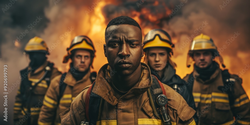 A group of firefighters are standing in front of a fire. The man in the middle is wearing a yellow helmet and has a serious expression on his face A group of firefighters are standing in front of a fire. The man in the middle is wearing a yellow helmet and has a serious expression on his face