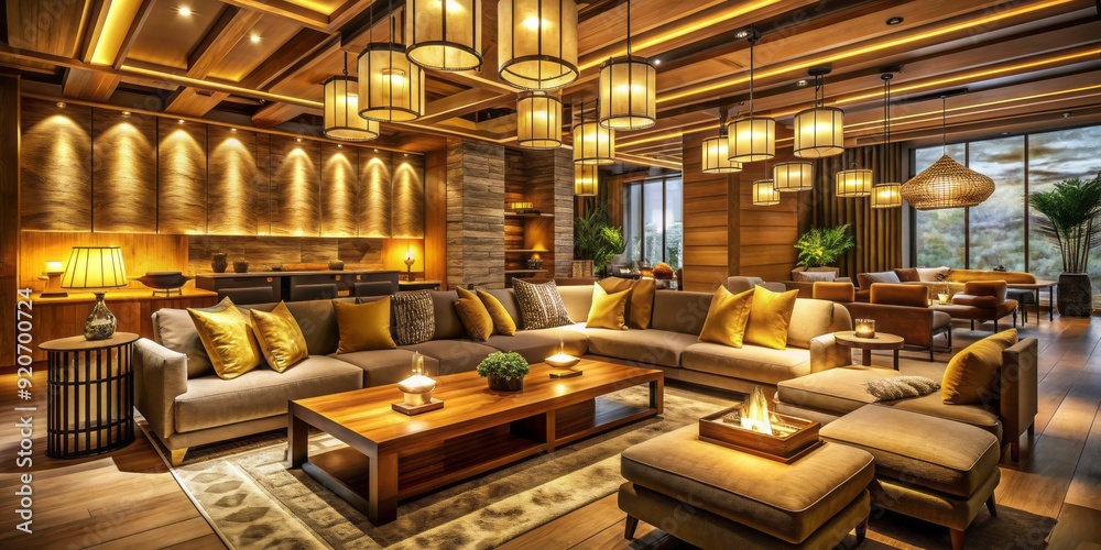 Cozy ambiance of a modern lounge with warm golden lighting, plush sofas, and rustic wooden accents, evoking a sense of relaxation and tranquility.