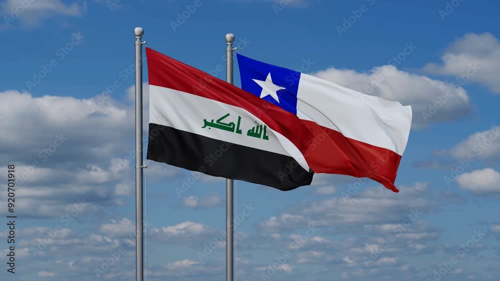 Chile and Iraq flags flying together, video concept of the relationship, two country relations concept Chile and Iraq flags flying together, video concept of the relationship, two country relations concept